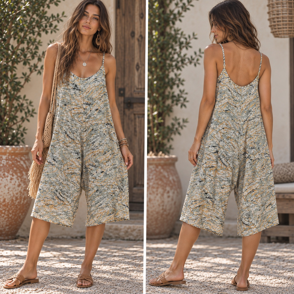 World Market Boho Baggy Fit Wide Crop Leg Jumpsuit Soft Rayon Pockets LARGE/XL